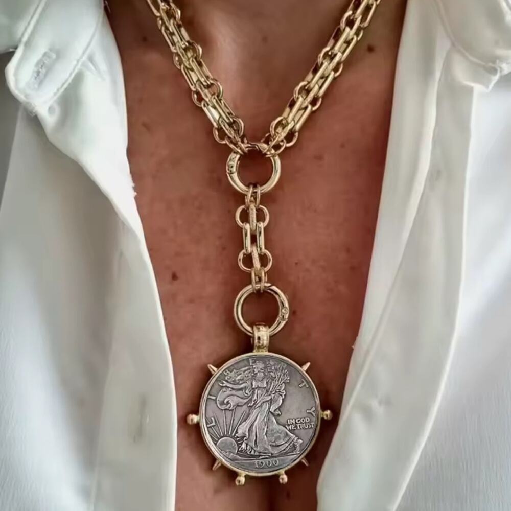 Gold Walking Liberty 1900 Coin Statement Necklace Y Lariat - Picture 2 of 3